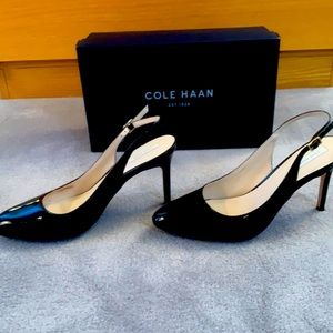 Cole Haan 8.5M worn once black patent sling-backs for office or play!